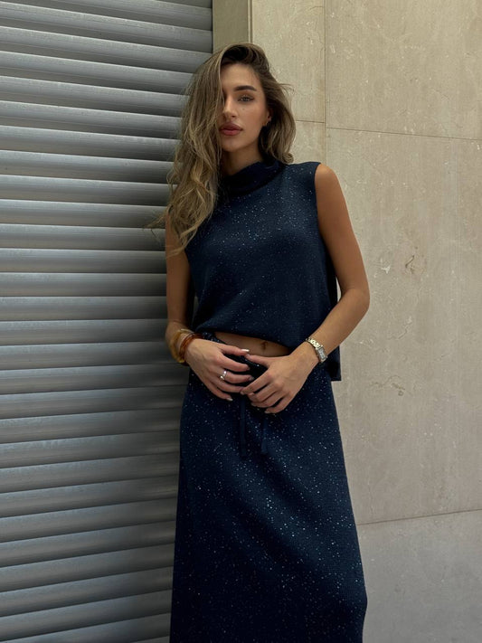 Вʼязана спідниця міді в дрібну паєтку, синя