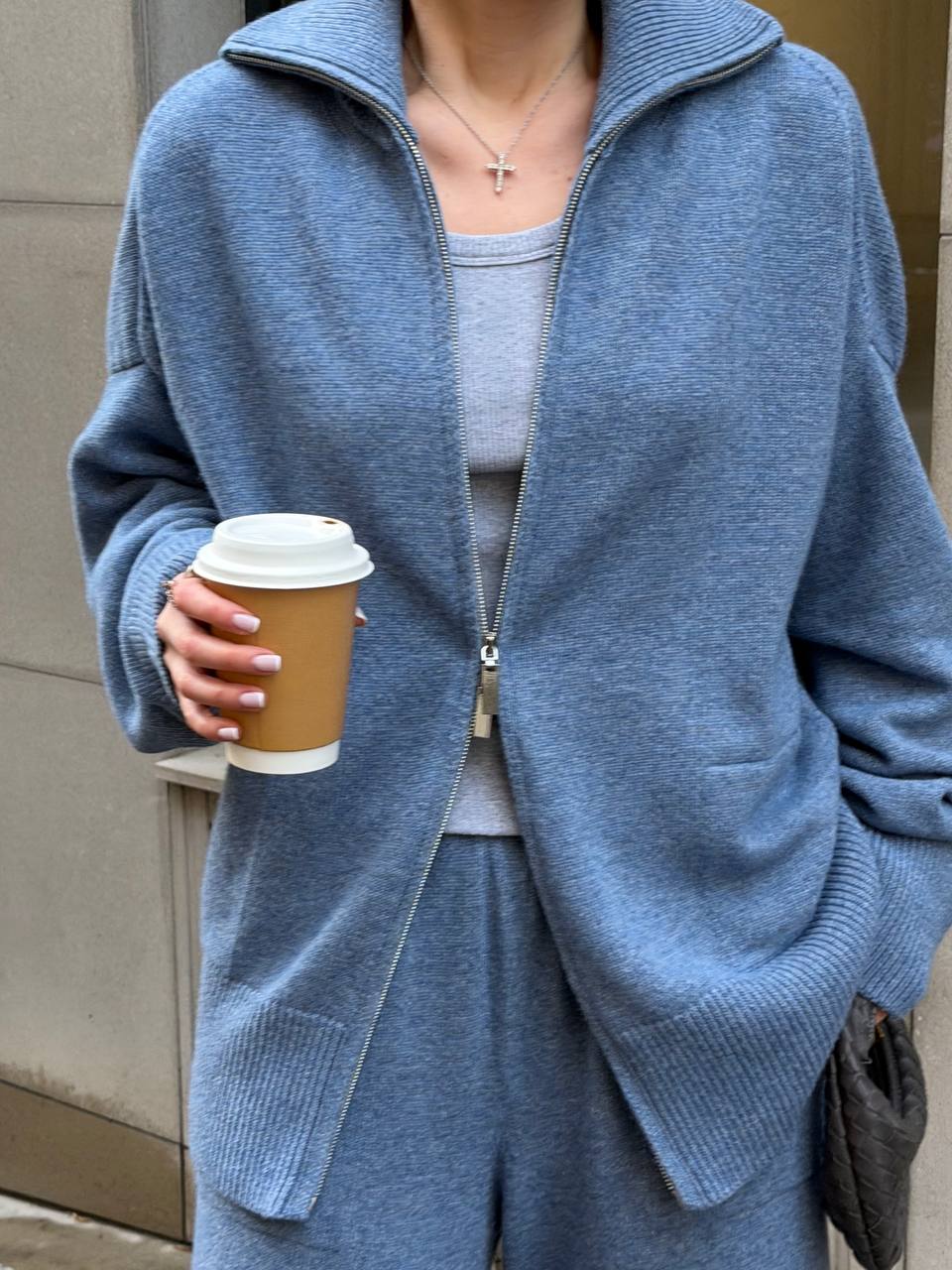 Lambswool zip-up cardigan and denim trousers set