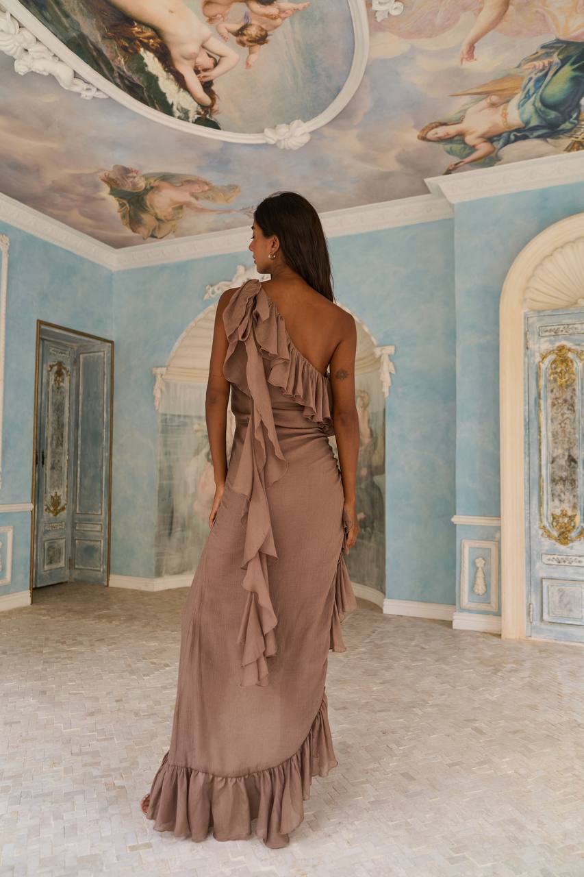 Long-sleeved chiffon dress, caramel