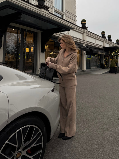 Lambswool zip-up cardigan and trousers set, mocha