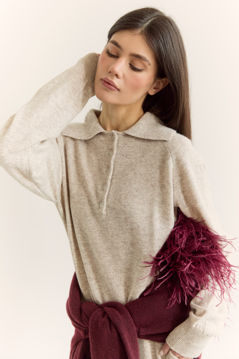 Джемпер поло з вовни ягня, світло-бежевий меланжевий