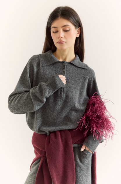 Джемпер поло з вовни ягня, графітовий