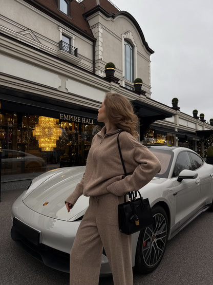 Lambswool zip-up cardigan and trousers set, mocha