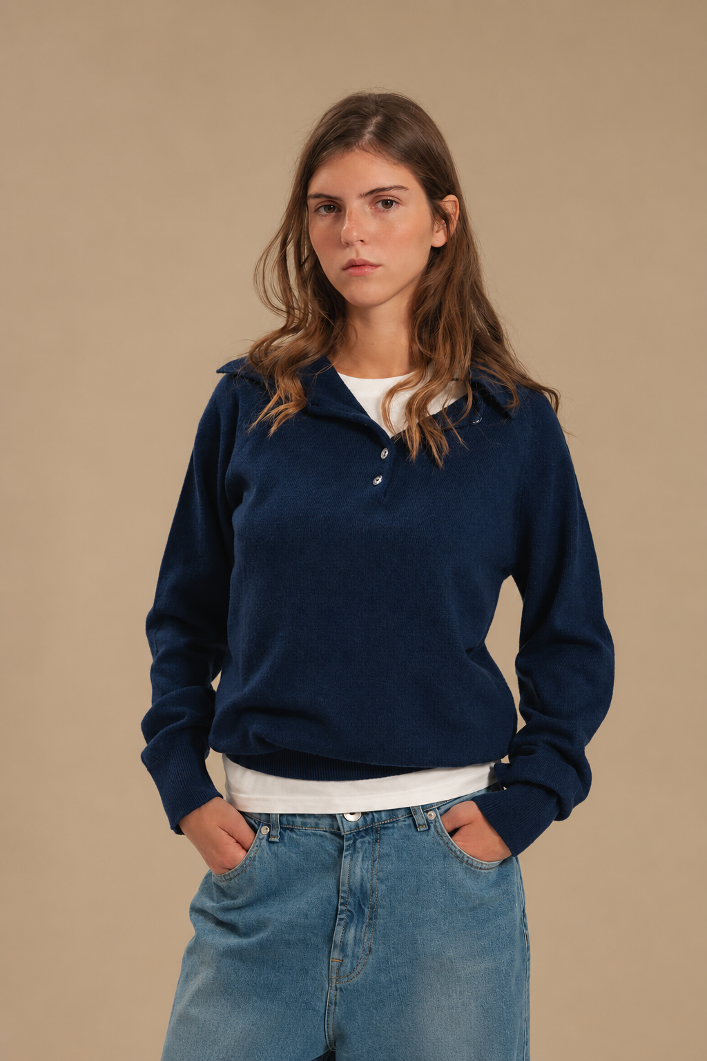 Джемпер поло з вовни ягня, синій — спереду — SHEVCHENKO