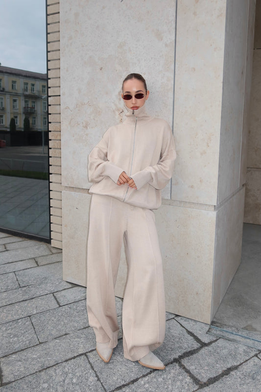 Комплект з бавовни кардиган на блискавці і брюки, світло-бежевий