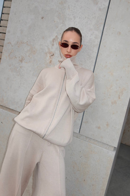 Комплект з бавовни кардиган на блискавці і брюки, світло-бежевий