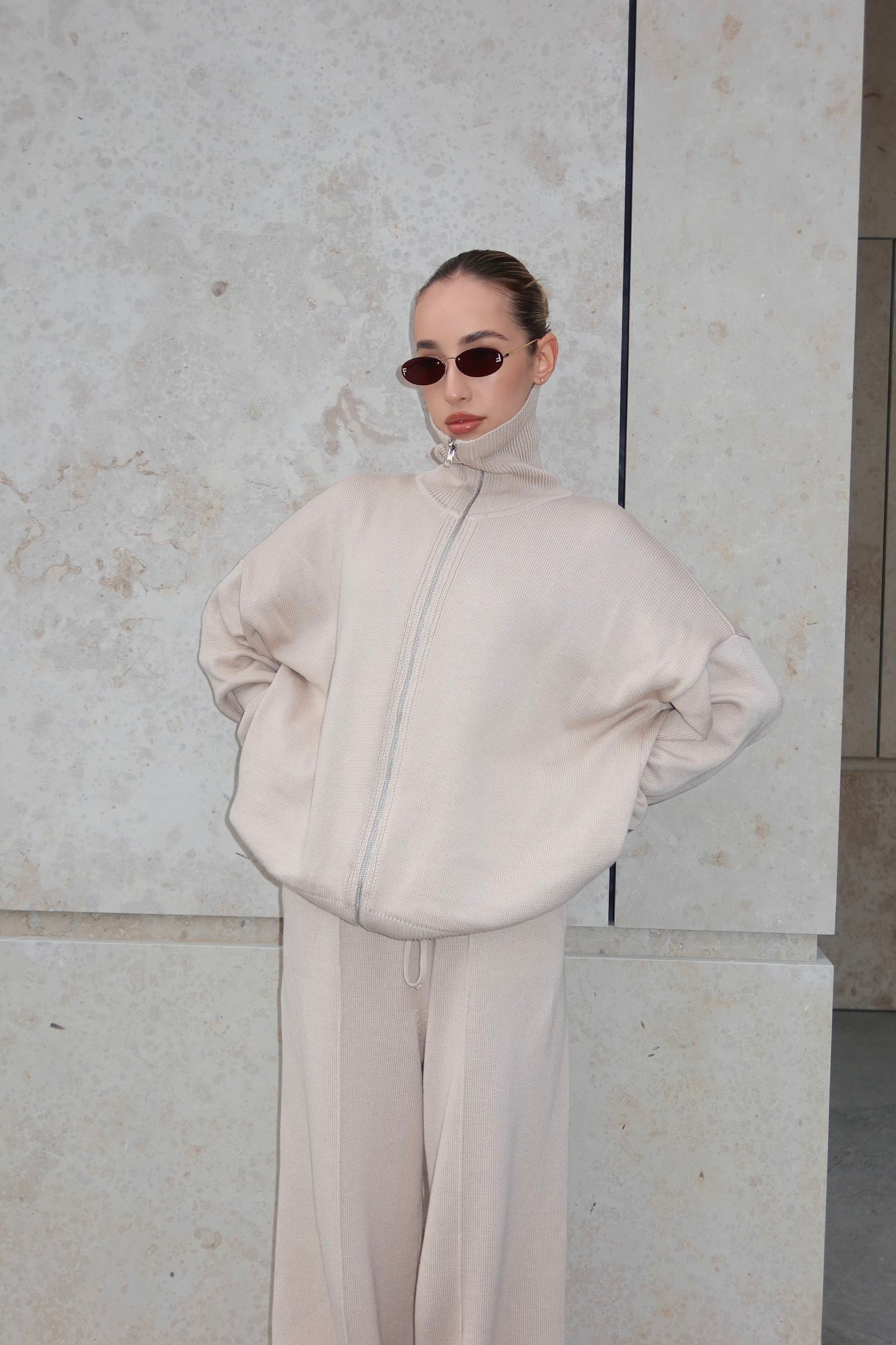 Комплект з бавовни кардиган на блискавці і брюки, світло-бежевий