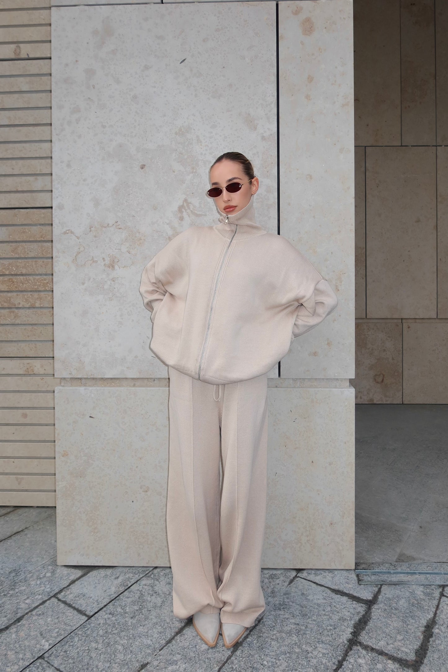 Комплект з бавовни кардиган на блискавці і брюки, світло-бежевий