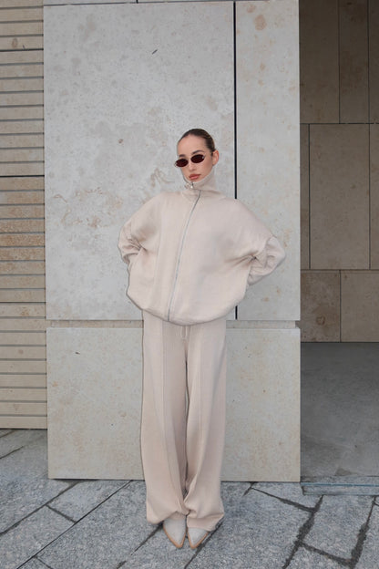 Комплект з бавовни кардиган на блискавці і брюки, світло-бежевий