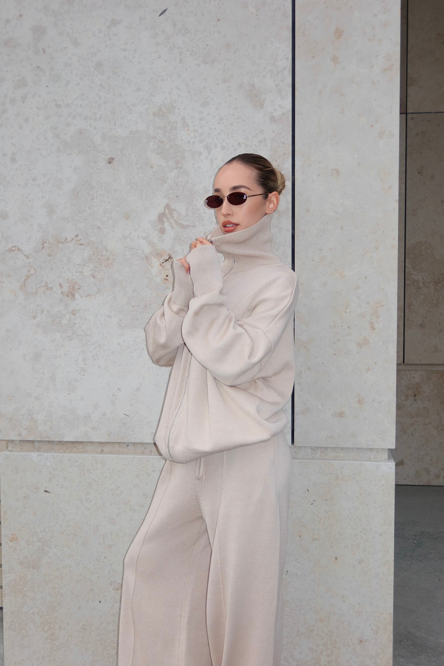 Комплект з бавовни кардиган на блискавці і брюки, світло-бежевий