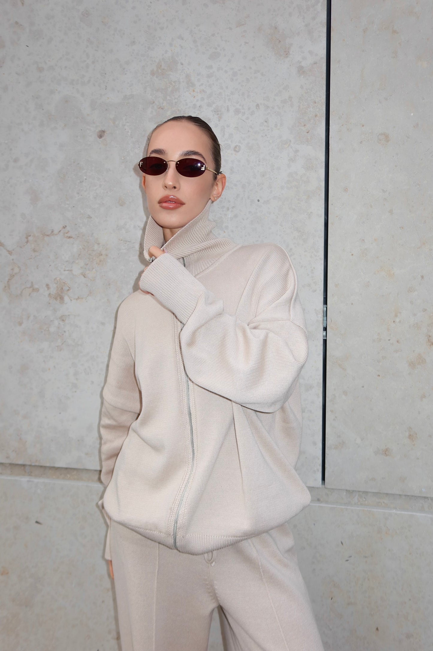 Комплект з бавовни кардиган на блискавці і брюки, світло-бежевий