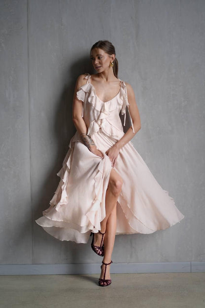 Комплект: топ та спідниця міді з шифону, перламутровий