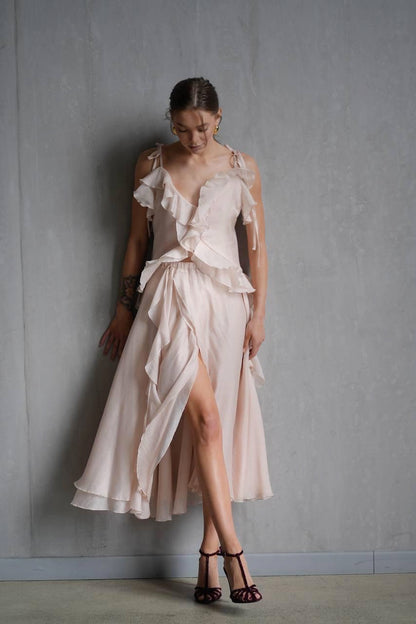 Комплект: топ та спідниця міді з шифону, перламутровий