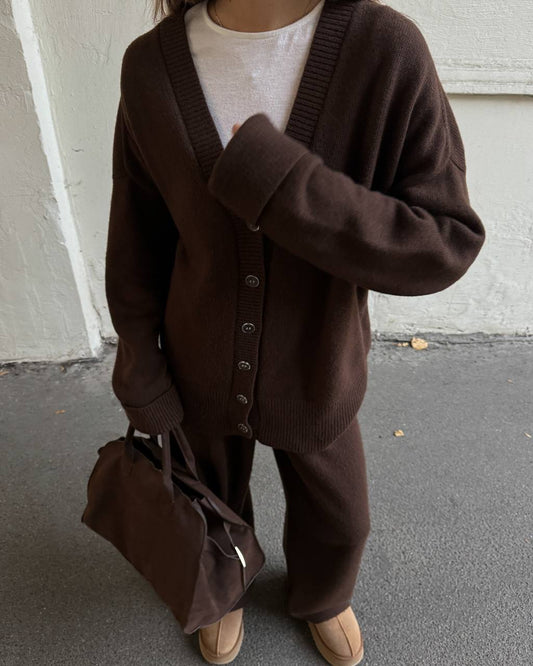 Комплект з вовни ягня кардиган на ґудзиках і брюки, шоколадний    32497782 