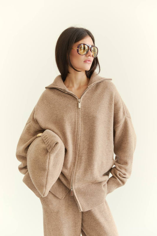 Комплект з вовни ягня кардиган на блискавці і брюки, бежевий