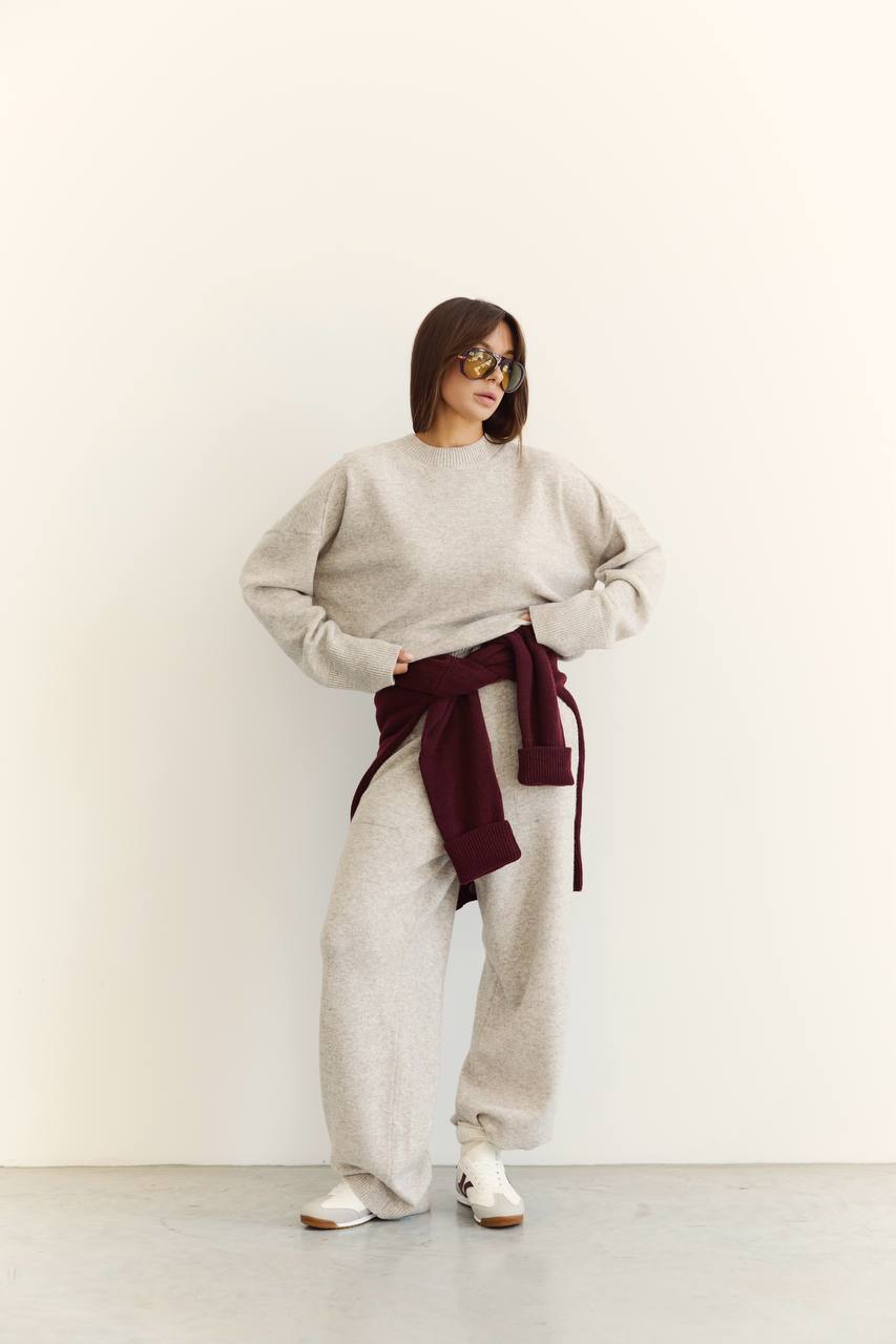 Lambswool sweater and pants set, light beige melange
