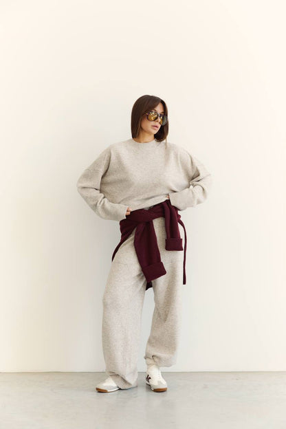 Lambswool sweater and pants set, light beige melange
