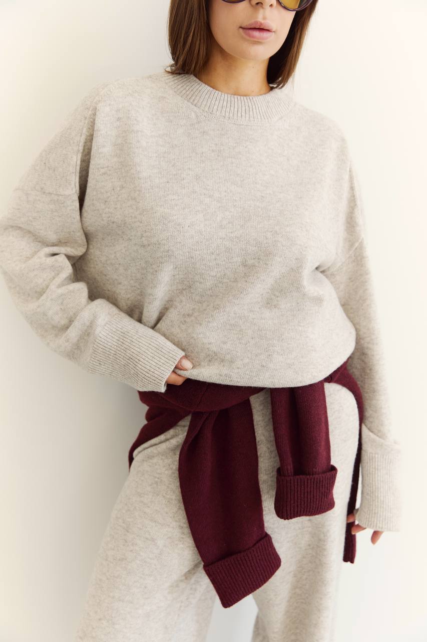Lambswool sweater and pants set, light beige melange