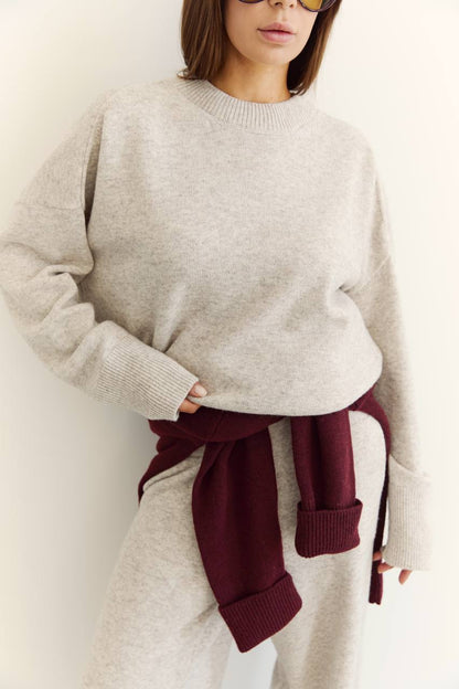 Lambswool sweater and pants set, light beige melange
