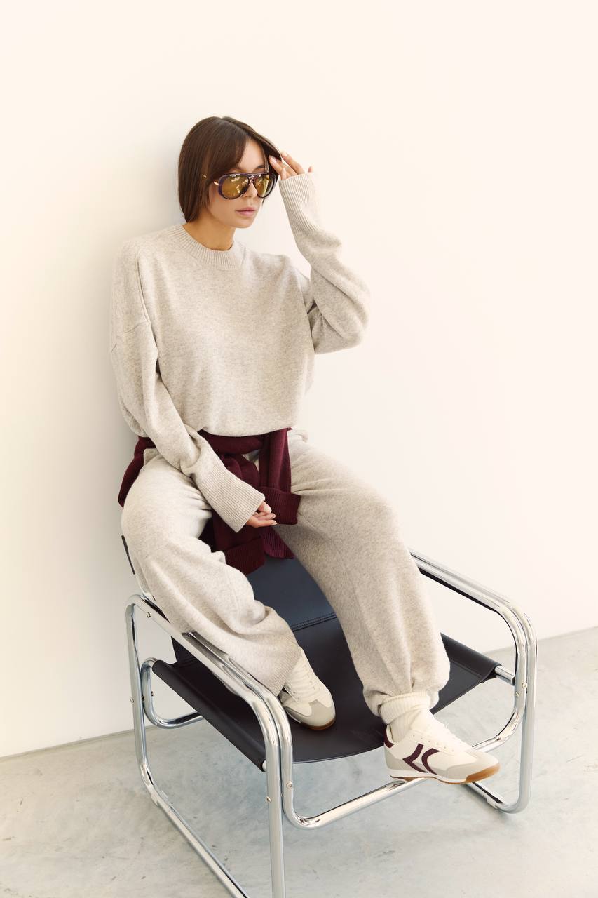 Lambswool sweater and pants set, light beige melange