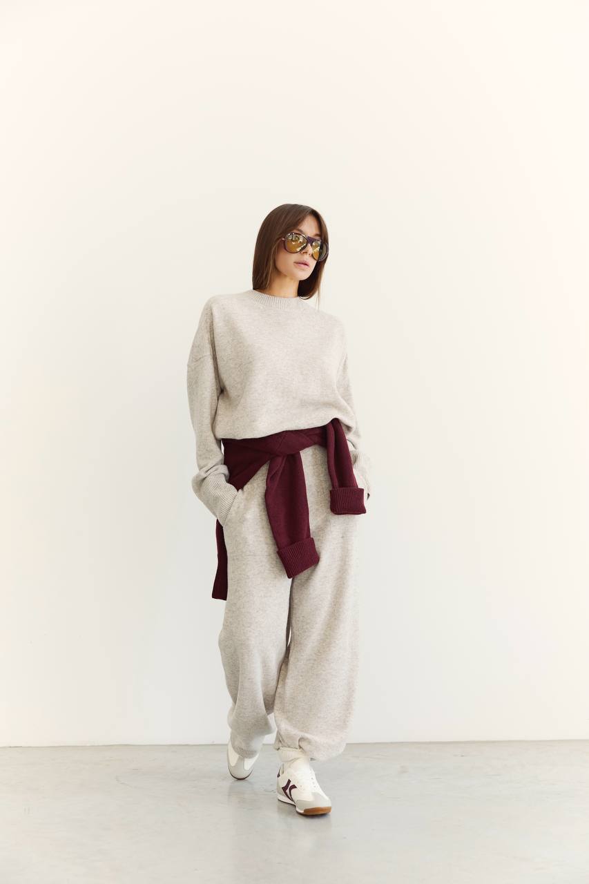 Lambswool sweater and pants set, light beige melange