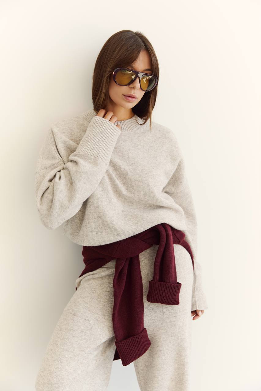 Lambswool sweater and pants set, light beige melange
