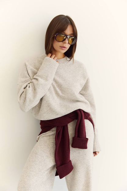 Lambswool sweater and pants set, light beige melange