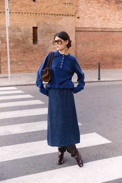Knitted midi skirt with small sequins, gray