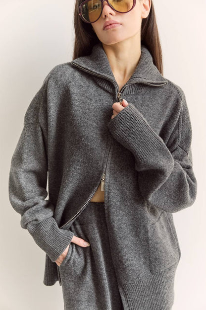 Комплект з вовни ягня кардиган на блискавці і брюки, графітовий