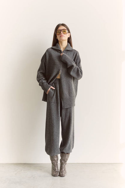 Комплект з вовни ягня кардиган на блискавці і брюки, графітовий