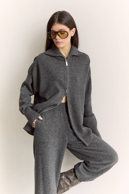 Комплект з вовни ягня кардиган на блискавці і брюки, графітовий