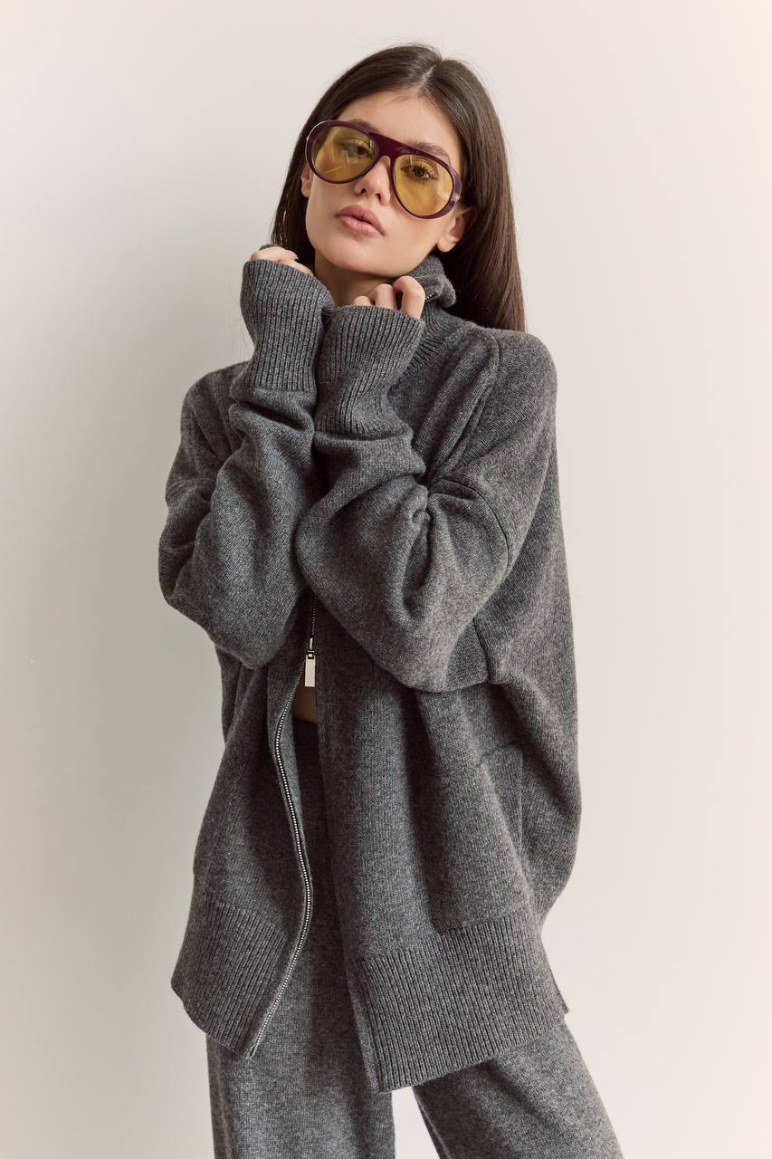 Комплект з вовни ягня кардиган на блискавці і брюки, графітовий