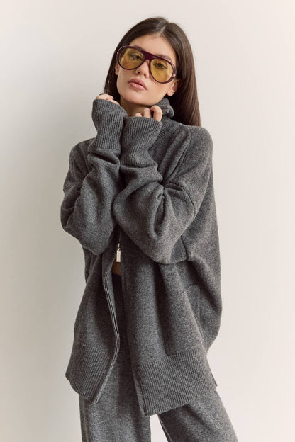 Комплект з вовни ягня кардиган на блискавці і брюки, графітовий