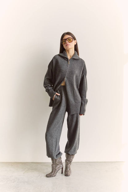 Комплект з вовни ягня кардиган на блискавці і брюки, графітовий