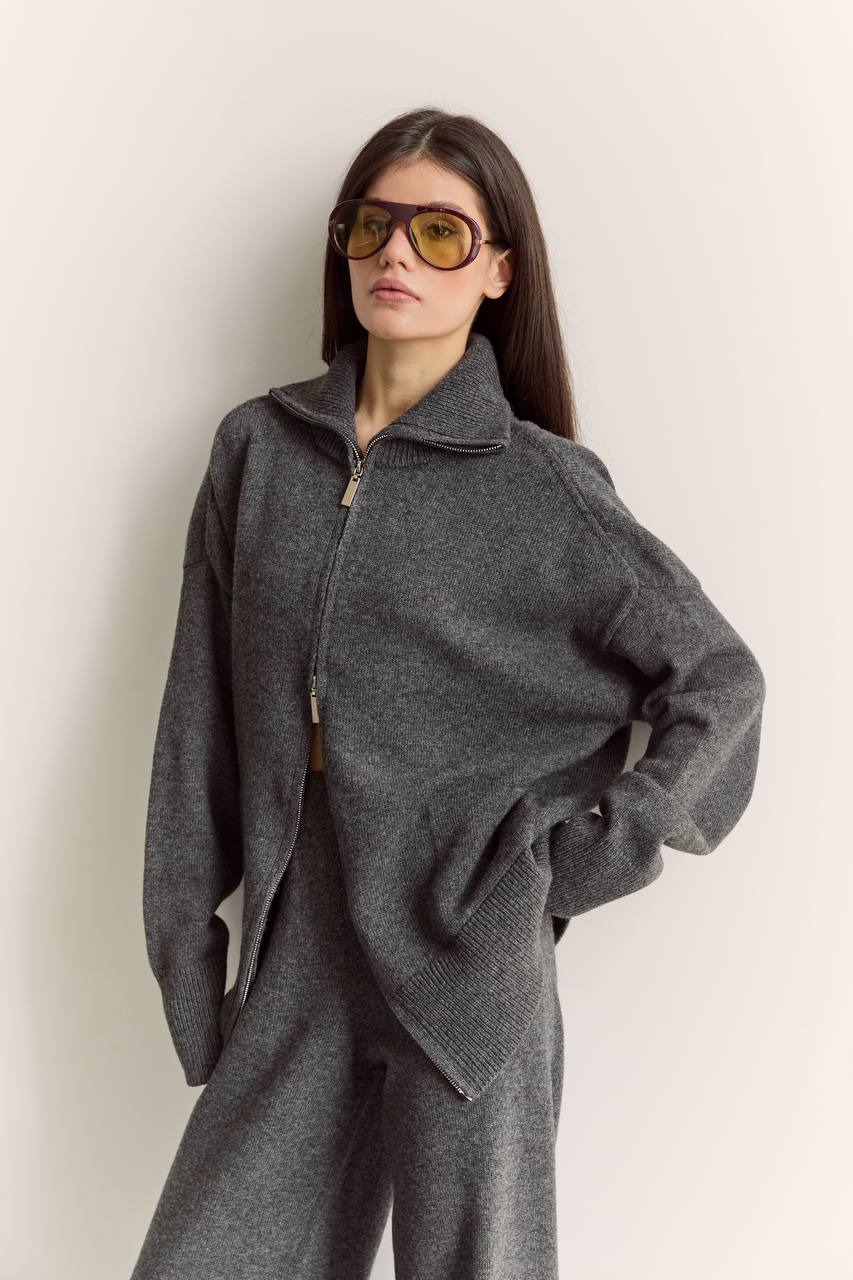 Комплект з вовни ягня кардиган на блискавці і брюки, графітовий