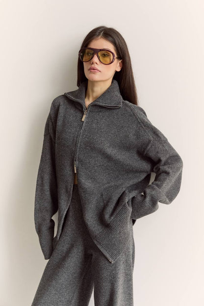 Комплект з вовни ягня кардиган на блискавці і брюки, графітовий