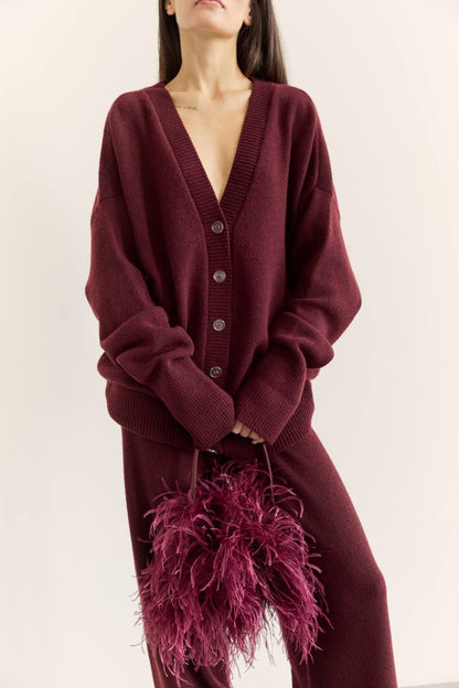 Комплект з вовни ягня кардиган на ґудзиках і брюки, бургунді
