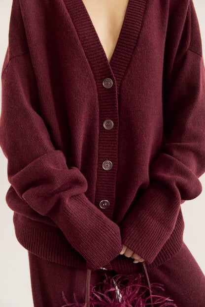 Комплект з вовни ягня кардиган на ґудзиках і брюки, бургунді