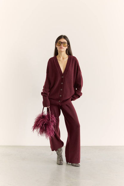 Комплект з вовни ягня кардиган на ґудзиках і брюки, бургунді