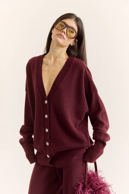 Комплект з вовни ягня кардиган на ґудзиках і брюки, бургунді