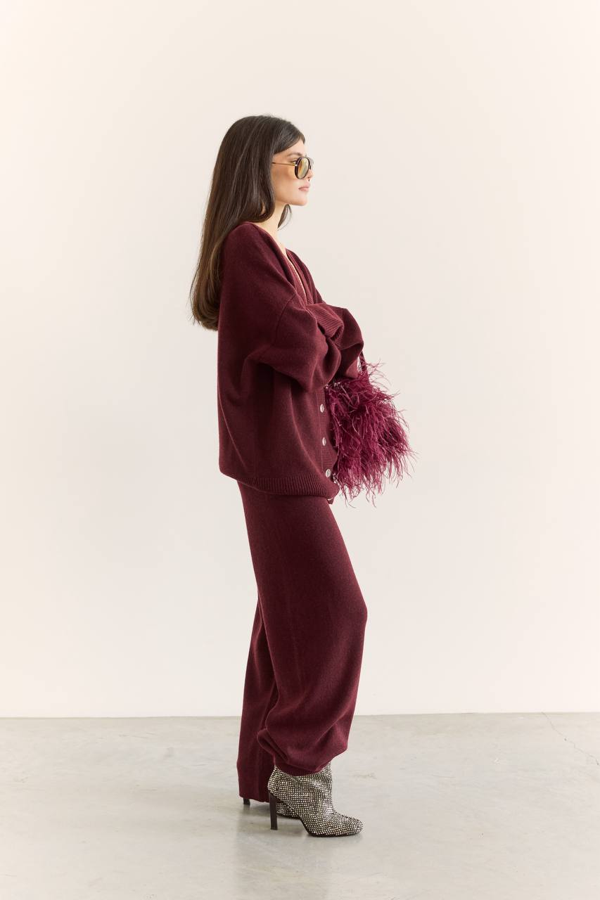 Комплект з вовни ягня кардиган на ґудзиках і брюки, бургунді