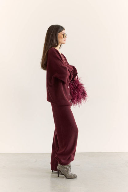 Комплект з вовни ягня кардиган на ґудзиках і брюки, бургунді