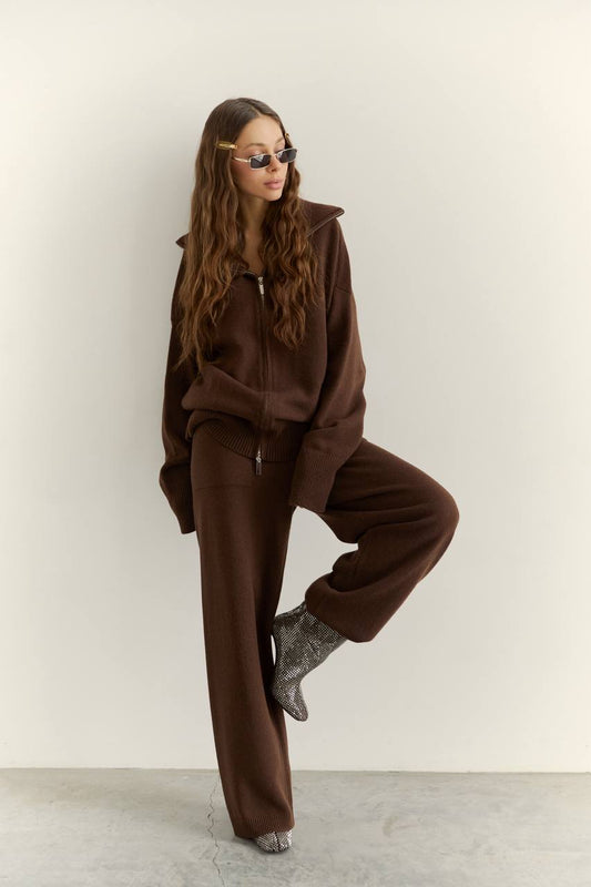 Комплект з вовни ягня кардиган на блискавці і брюки, шоколадний