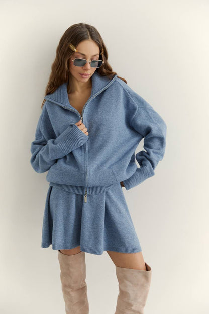 Комплект з вовни ягня кардиган на блискавці і спідниця, джинсовий