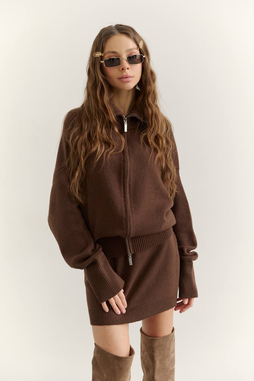 Кардиган з вовни ягня на блискавці, шоколадний
