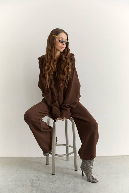 Комплект з вовни ягня кардиган на блискавці і брюки, шоколадний