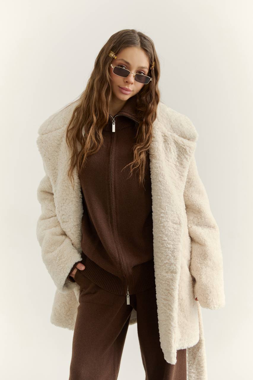 Комплект з вовни ягня кардиган на блискавці і брюки, шоколадний