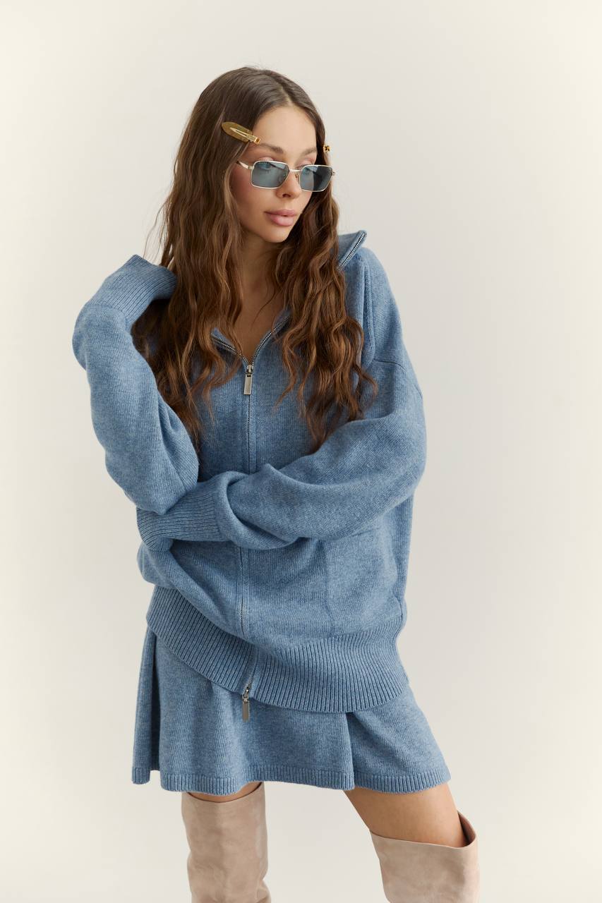 Комплект з вовни ягня кардиган на блискавці і спідниця, джинсовий