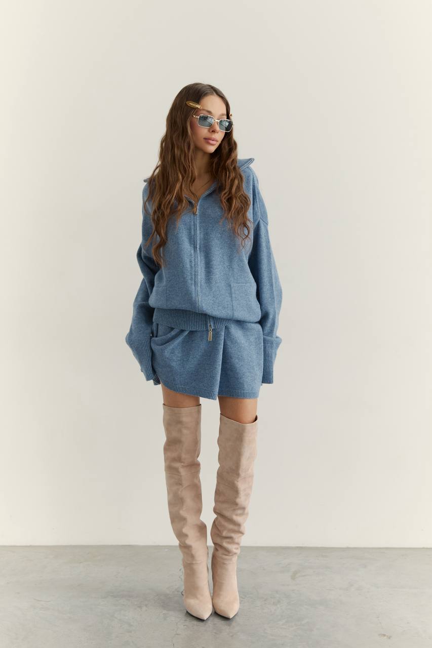 Комплект з вовни ягня кардиган на блискавці і спідниця, джинсовий