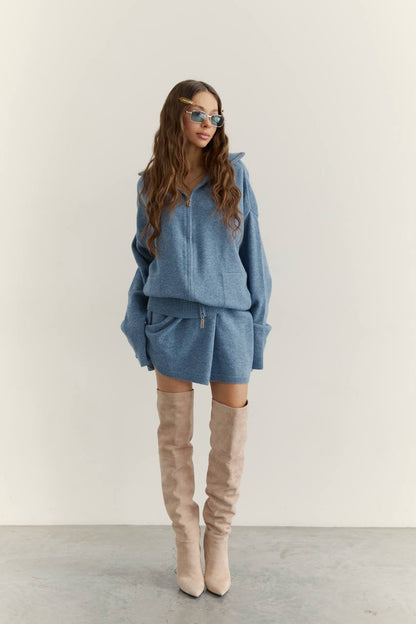 Комплект з вовни ягня кардиган на блискавці і спідниця, джинсовий